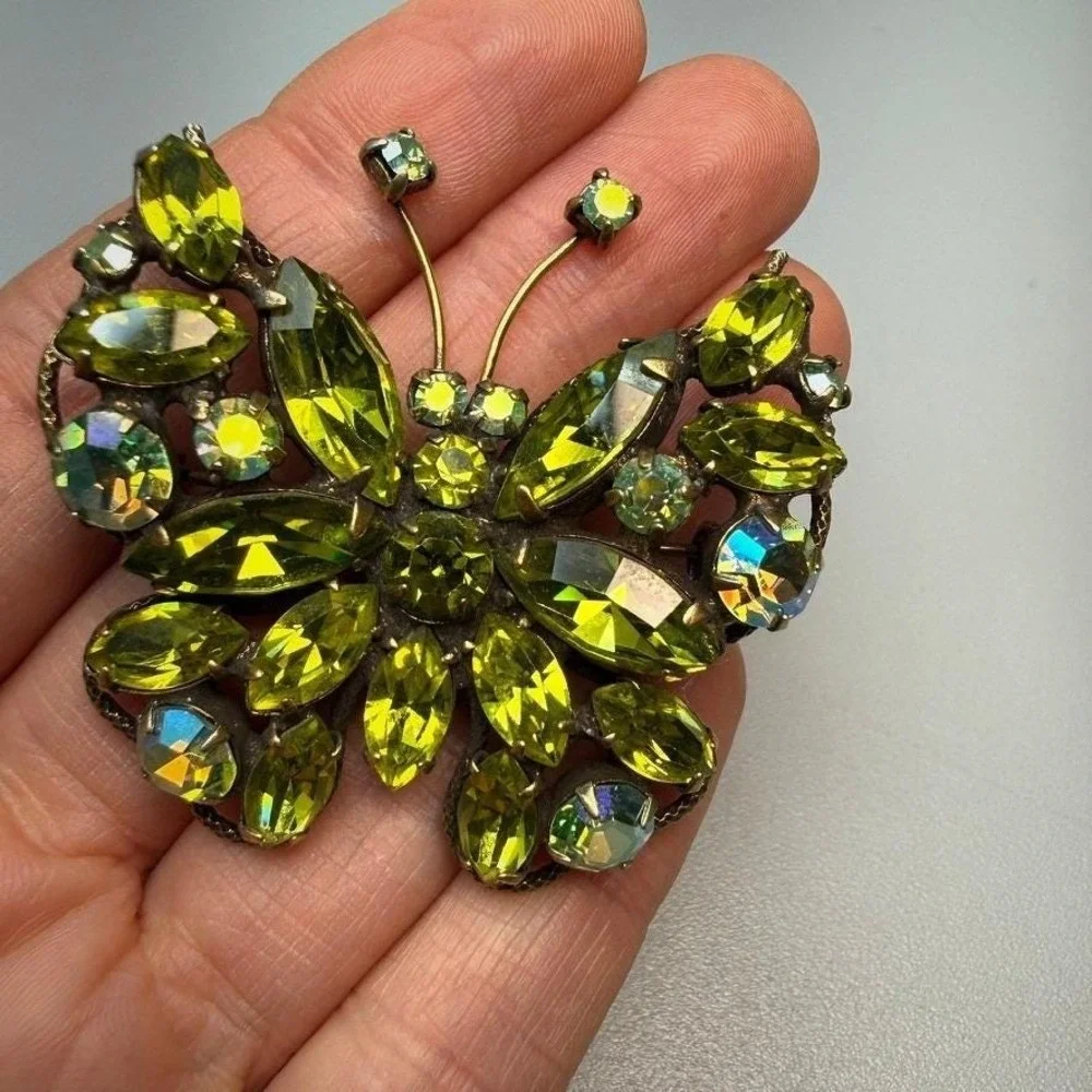 Vintage Regency Rhinestone‎ Butterfly Brooch Green Uranium Glass MCM Signed
